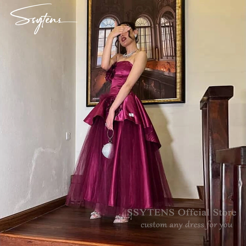 

SSYTENS Plum Evening Dresses Strapless A Line Vestidos De Fiesta Elegantes Flowers 2026 Ankle Length Robe De Soirée Customized