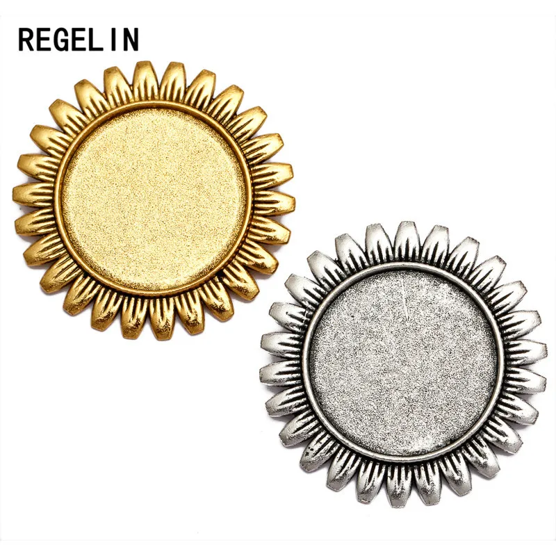 REGELIN New 5pcs/lot inner 25 mm Sun Flower Antique Gold/Antique Silver Brooch Base Fit Cabochon Tray DIY Jewelry Findings