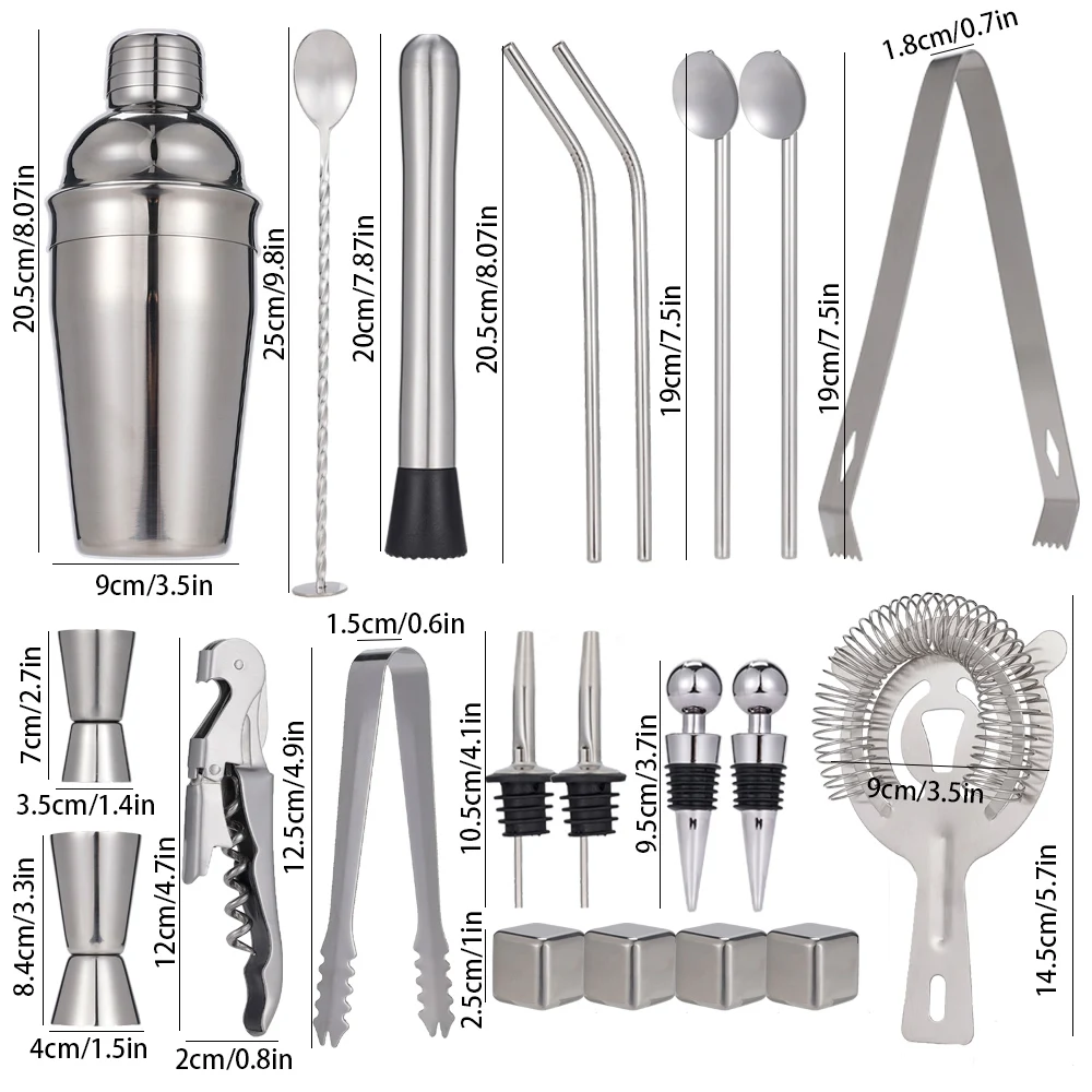 22Pcs Stainless Steel Cocktail Shaker Set Mixer Wine Bottle Boston Martini Bartender Kit Drink Jigger Mixer Party Bar Tool 550ML