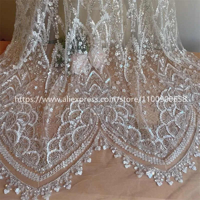 Embroidered Lace Fabric for Wedding Dress Shining, 3D Flowers, Beaded Sequins, Off-White, RS4074