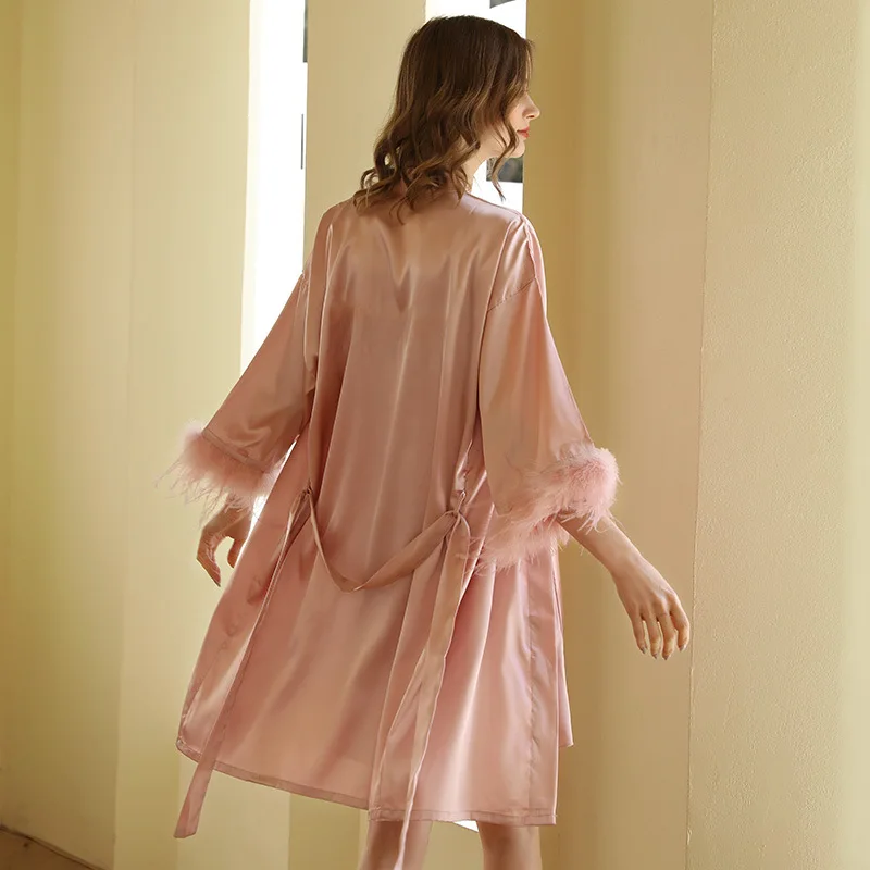 Kimono Bride Bridesmaid Robe Loungewear Wedding Bathrobe Gown Feather Women Embroidery Letter Sleepwear Short Satin Nightgown