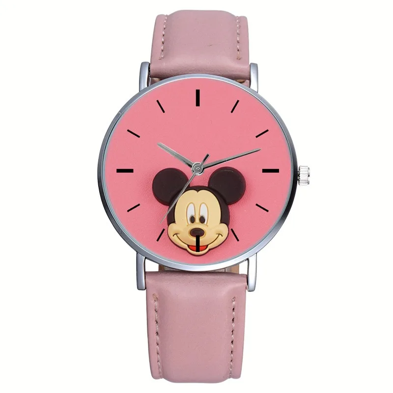 New Disney Pink Cartoon Mickey Children\'s Watch Pu Leather Strap Student Quartz Watch kids watches girls birthday gifts