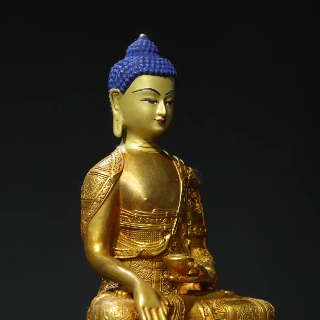 

8"Tibetan Temple Collection Old Bronze Gilded Painted Face Shakyamuni Amitabha Buddha Lotus Terrace Worship Hall Town house