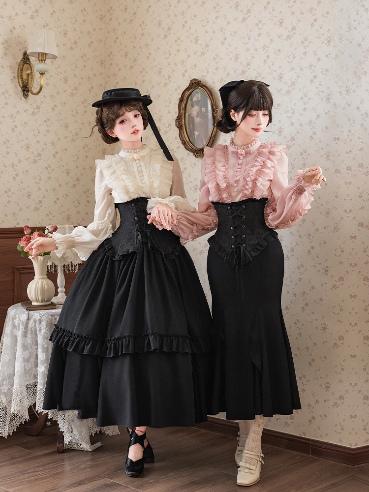 

Original WP Blouse Skirt Set Spring Autumn Style Faux Two-Piece Waist Seal Long Fish Tail Skirt Female Clothing Hanfu Dress