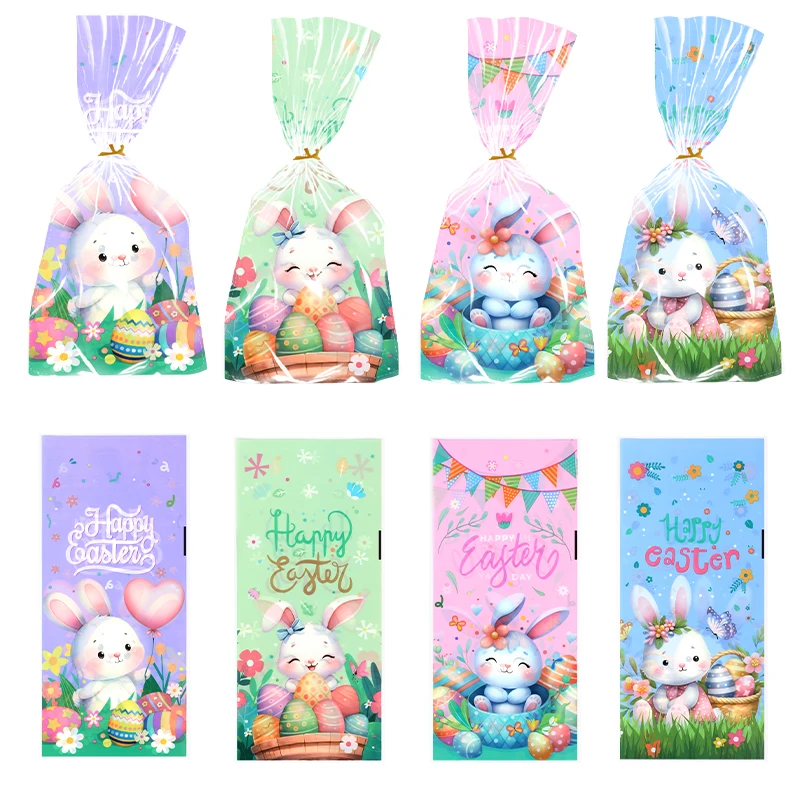 50/100pcs Easter Transparent Candy Cookie Bag Cute Bunny Eggs Dessert Gift Snack Packing Bags 2025 Happy Easter Party Decoration