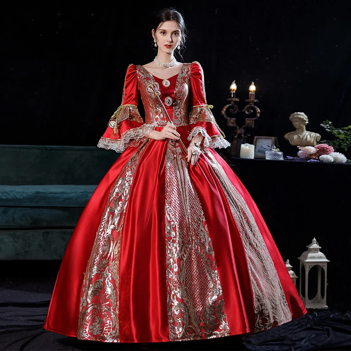 Women Victorian Gown Red Gothic Lolita Dress Costume 1800s Marie Antoinette Rococo Edwardian Medieval Golden Princess Ball Gown