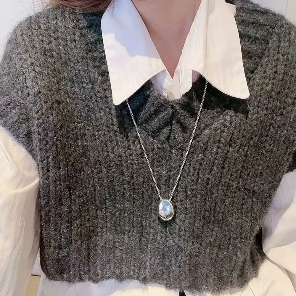 Elegant Oval Pendant Sweater Chain Brushed Metal Charm Long Thin Chain Collar Decoration Women Gifts