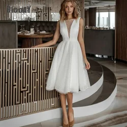 Elegant A-Line Wedding Dresses 2025 V-Neck Open Back Sleeveless Lace Tulle Simple Short Bridal Gown Vestidos De Noiva Customized