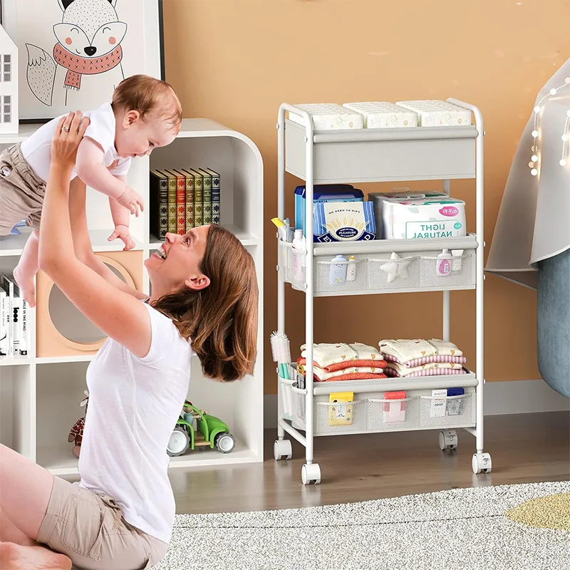 3-Tier Rolling Diaper Cart, Multi-Purpose Baby Organizer for Wipes Creams Bottles,Portable Nursery Storage Shelf, Caddy for home