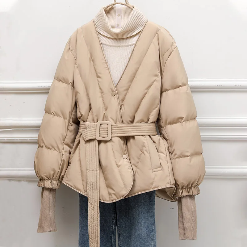 New Women Patchwork White Duck Down Jacket Mid-length V-neck Kint Sleeve Lace-up Fashion Single Breasted Loose Coat Tide Winter