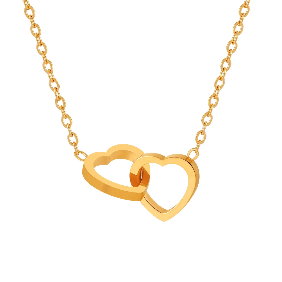 Stainless Steel Hollow Double Love Connecting Pendant Necklace Female Fashion Creative Simple Temperament Clavicle Chain