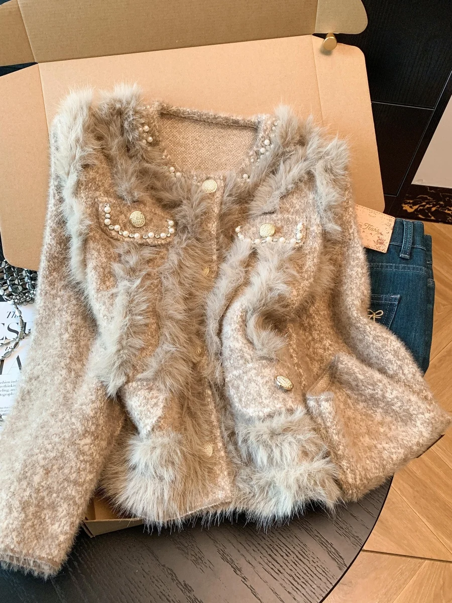

Retro Fur Coat Women's Autumn Winter Heavy Work Rhinestone Elegant Unique Top Quality Soft Straight Tube Sweater