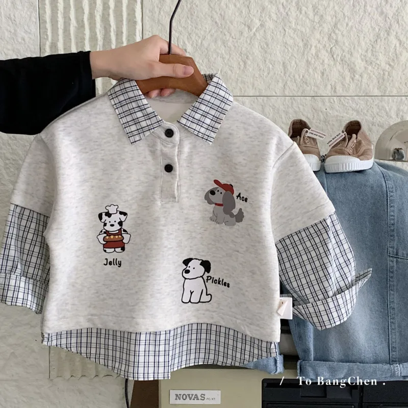 

2025 Autumn Winter Cotton Children Kid Sweatshirt Boys Girls Cartoon Dog One Piece Patchwork Pullover 3-10 Years Bottom Top