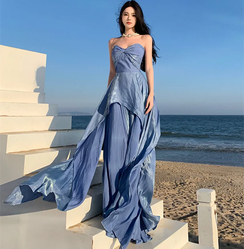 

French Fashion Spring Summer Blue Cocktail Party Dress Boho Sexy Women Sleeveless Strapless Split Holiday Dinner Slim Long Robe