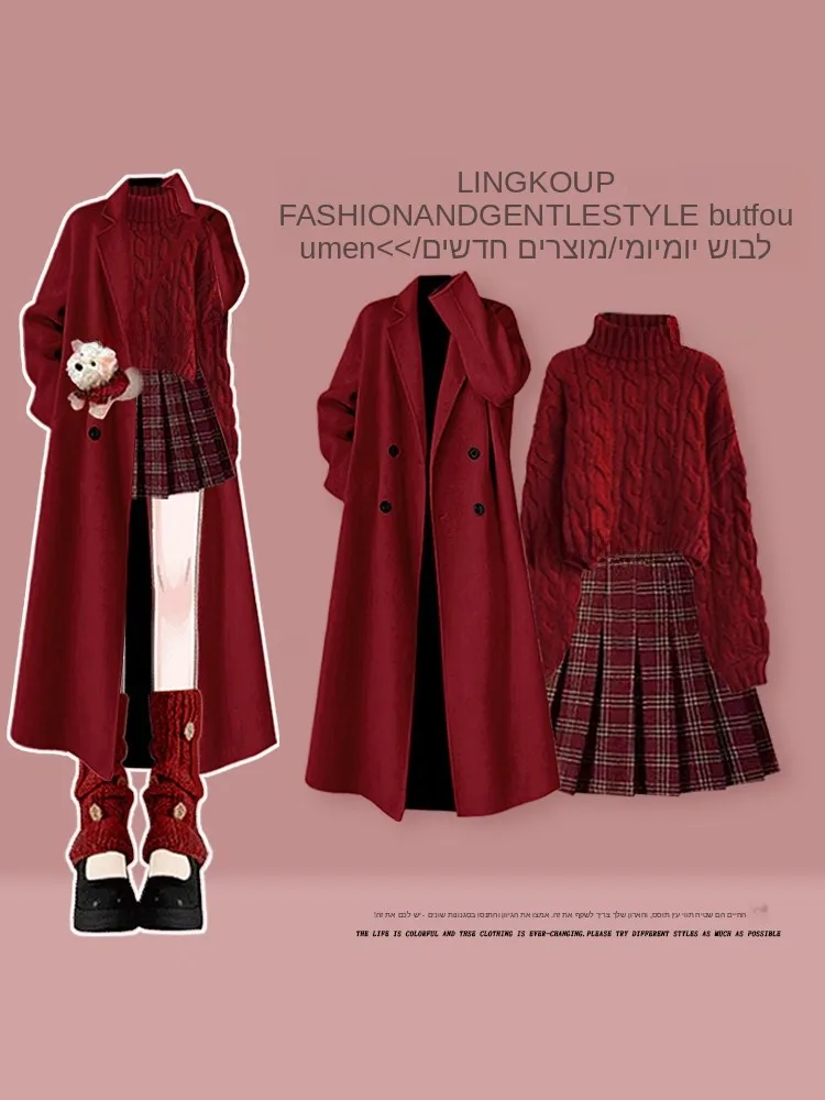 

Winter New Year Large Size Women's Red Knitted Sweater Set with Plaid Skirt Three Piece Suite High Waist Gentle Style