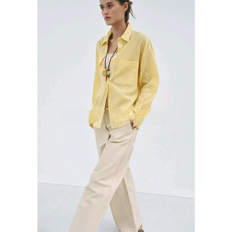 قميص نسائي ربيعي بسيط بياقة وأكمام مطوية مخططة من القطن، قميص بولو بأكمام طويلة وقصة عادية مناسب للعمل