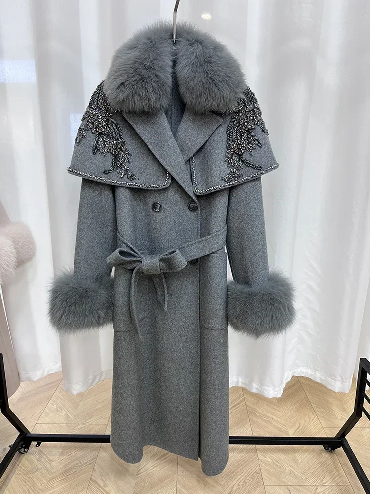 2025 New Fashion Women Ladies Natural Real Fox Fur Collar Cuff Coat Cashmere Wool Woolen Outerwear Winter Embroidery Jacket