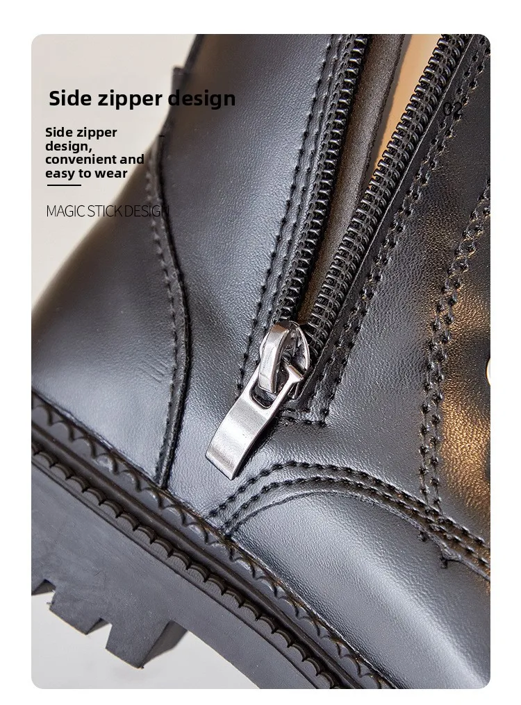 Rutschfeste Winterstiefel für Teenager-Mädchen, Punk-Gothic-Knöchelstiefel, Alltagsstiefel, mittelhohe Stiefel aus Kunstleder mit seitlichem Reißverschluss. – Detail 5