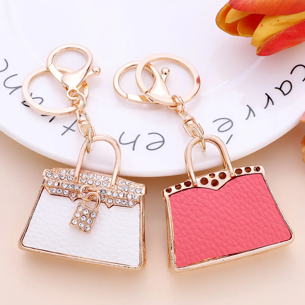 Fashion Cute Leather Crystal Women Handbag Key Chain Rhinestone Lock Bag Lady Wedding Jewelry Trinket Car Keychain Girl Gift K63