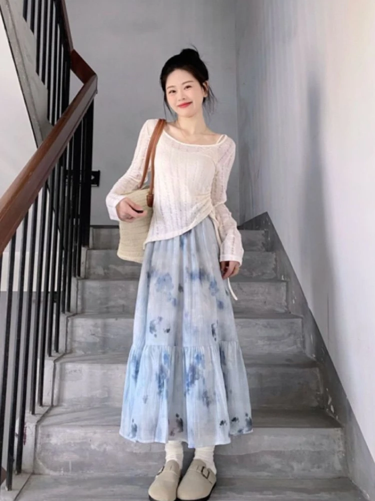 

Women's Two Skirt Piece Set Sling Long Full Vacation 2025 Summer Clothes Fashion Chic and Elegant Vintage Maxi Female Outfits
