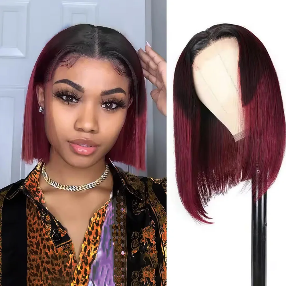 

100% Remy Hair 1B/99J Burgundy Short Bob Glueless Wigs Human Hair 13x4 Lace Frontal Human Hair Wigs Ombre Red Bob Wigs For Women