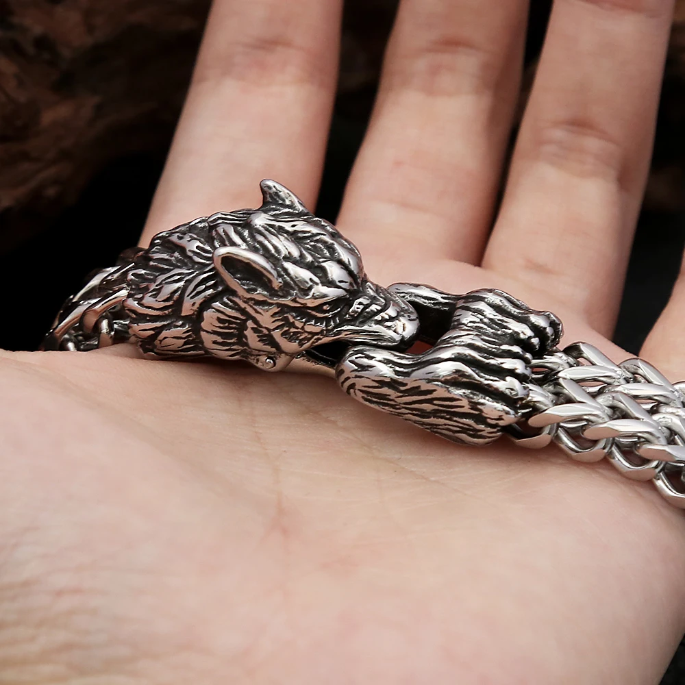 Punk Vintage Viking Wolf Head Bracelet Stainless Steel Men\'s Animal Wristband Charm Trendy Mesh Chain Bangles Fashion Jewelry
