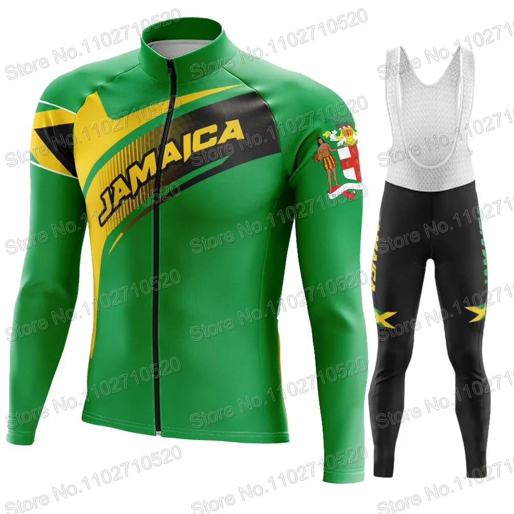 Team JAMAICA Cycling Jersey 2023 Set Long Sleeve Retro Green Long Sleeve Vintage Clothing Road Race Bike Jacket Suit MTB Maillot