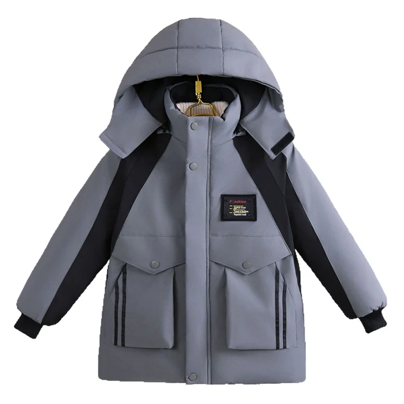 2025 Winter New Teen Boys Parka Jacket Patchwork Lining Plush Thick Warm Hooded Zipper Windbreaker 6-12Y Kids Cold-proof Coats