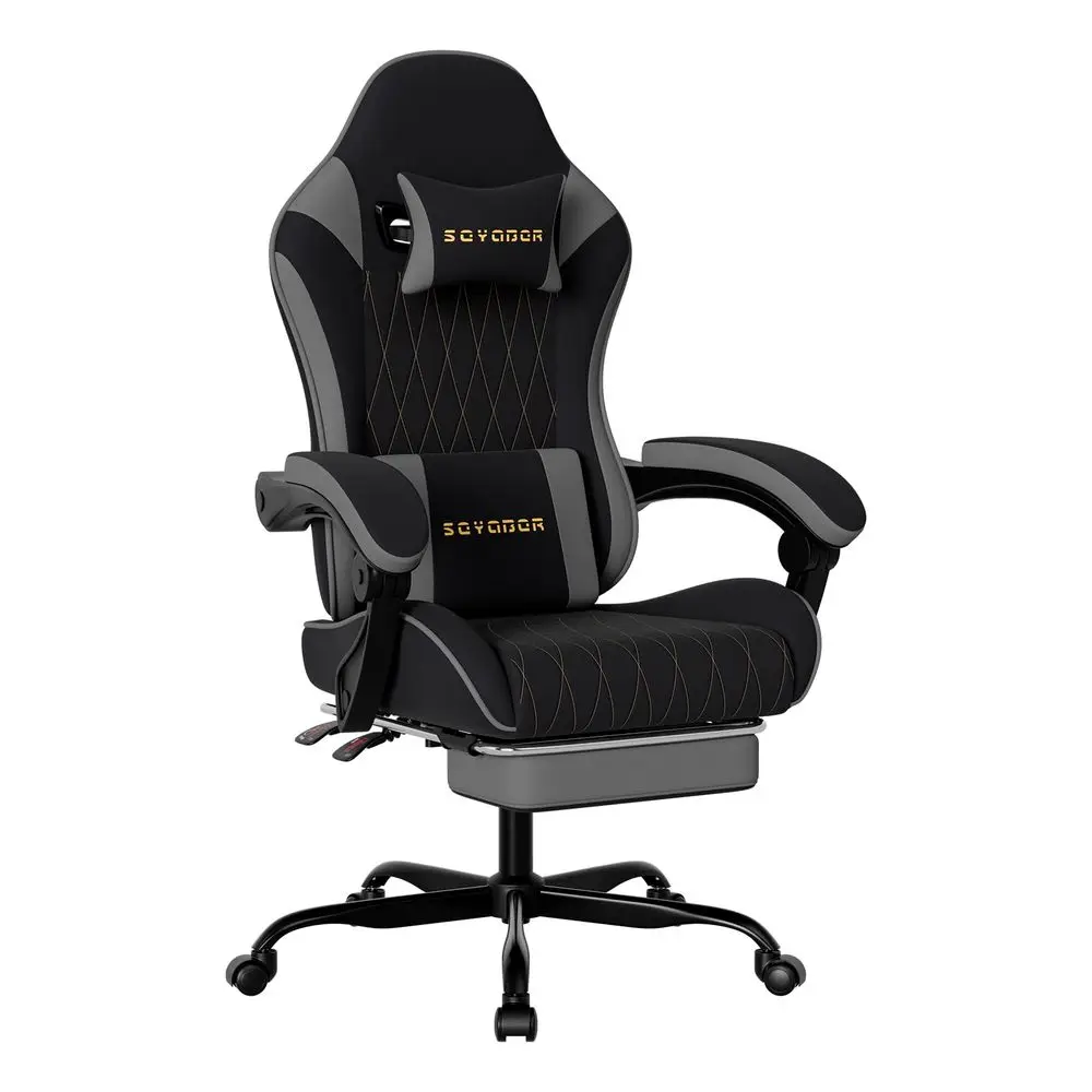 Fabric Gaming Chair with Footrest, Ergonomic High Back Computer Chair with Gold Diamond Stitching, Height Adjustable Swivel Off