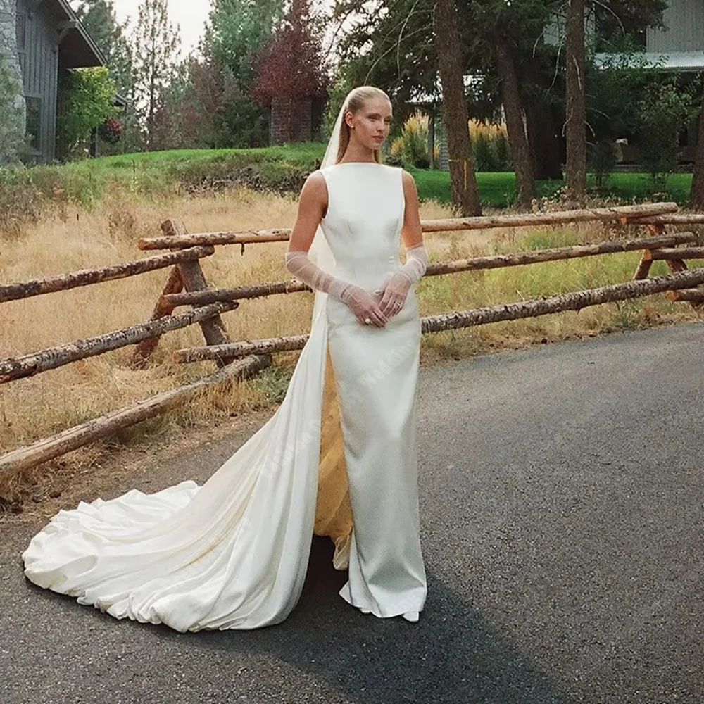 

Round Neck Sleeveless Women Wedding Dresses Sexy Mermaid Satin Bridal Gowns Mopping Length Banquet Vestidos De Novia Customized