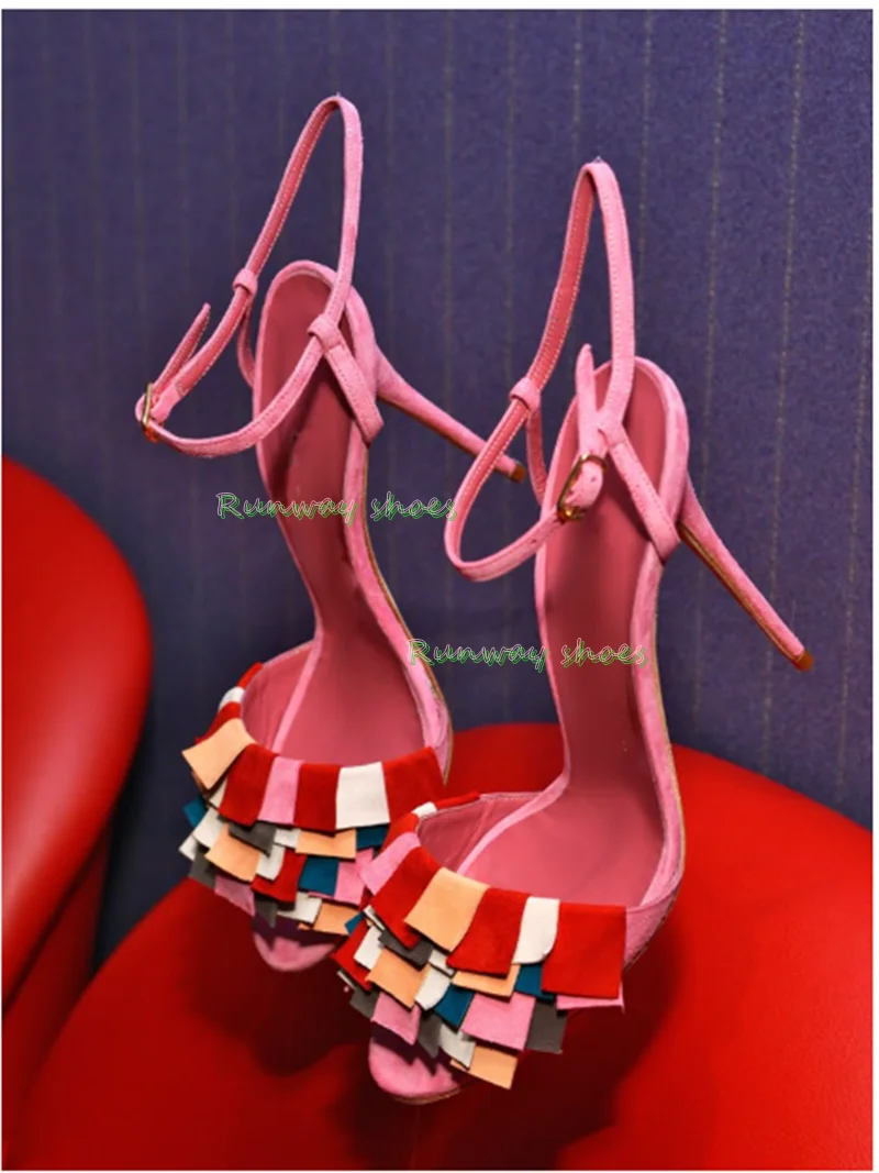 Pink Suede High Heels Sandals Colorful Square Fringe Decoration Ankle Strap Stiletto Heel Open Toe Party Wedding Dress Shoes
