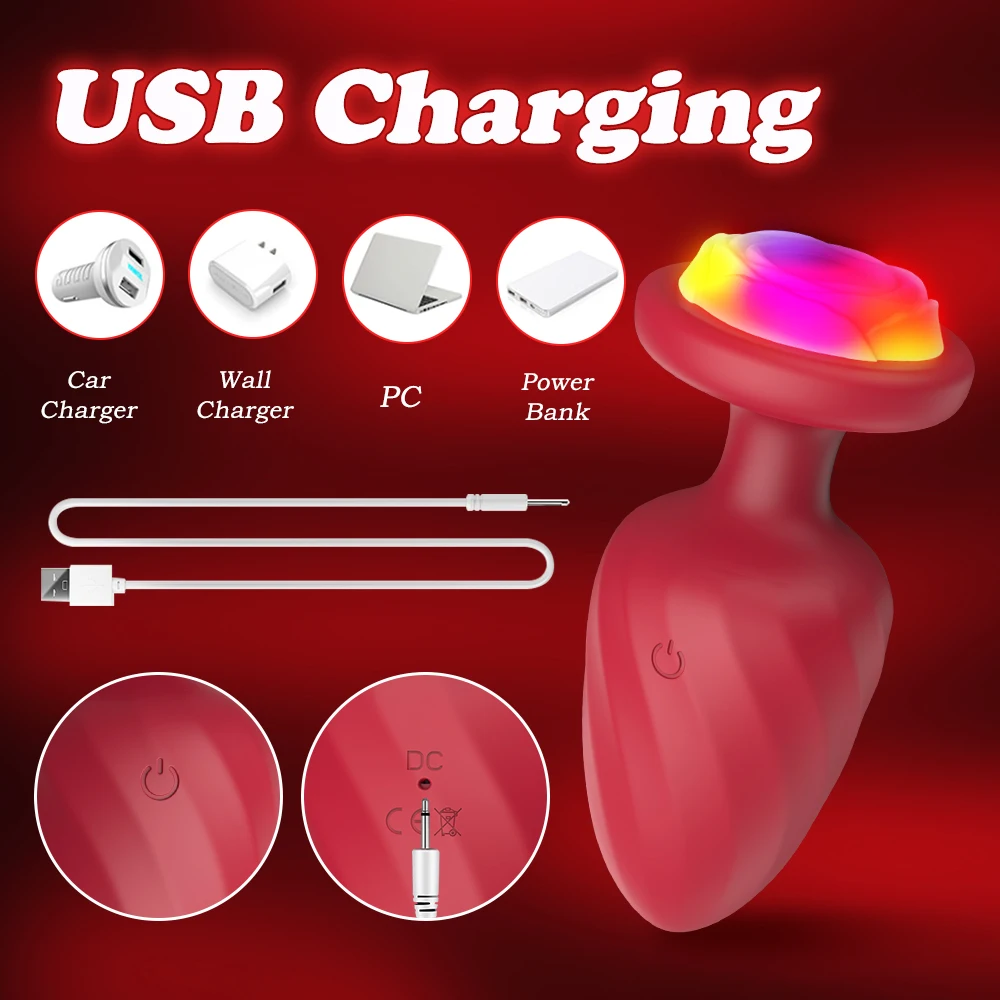 Rose Light LED Buttplug Wireless Remote Anal Vibrator Butt Plug Prostate Massager Masturbator LED Sex Toys for Men Women Sextoy