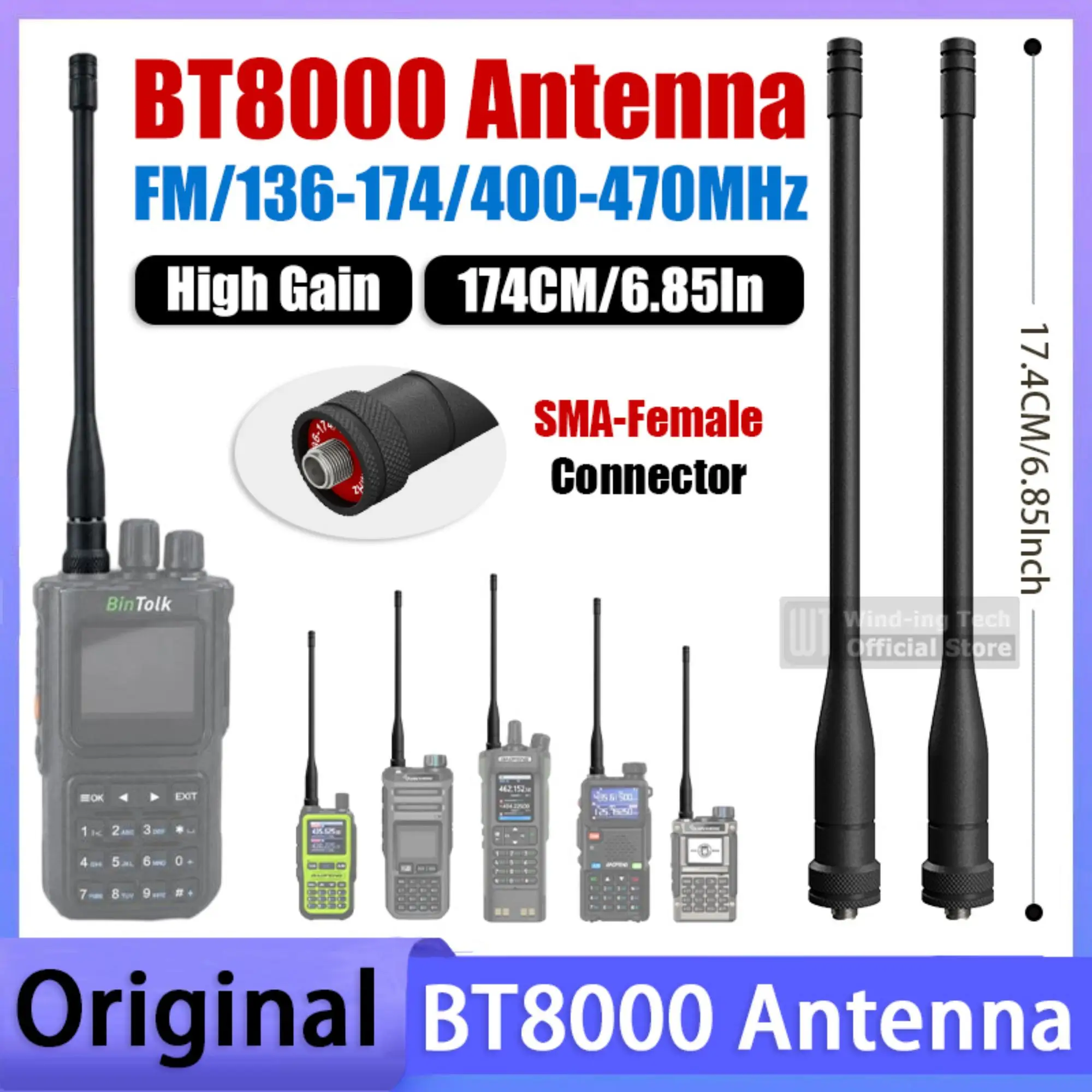 BinTolk BT8000 Original Radio Antenna FM Dual Band SMA-F Compatible with UV-5RM DM-32 UV-5RH UV-5R Plus Walkie Talkie Accessory
