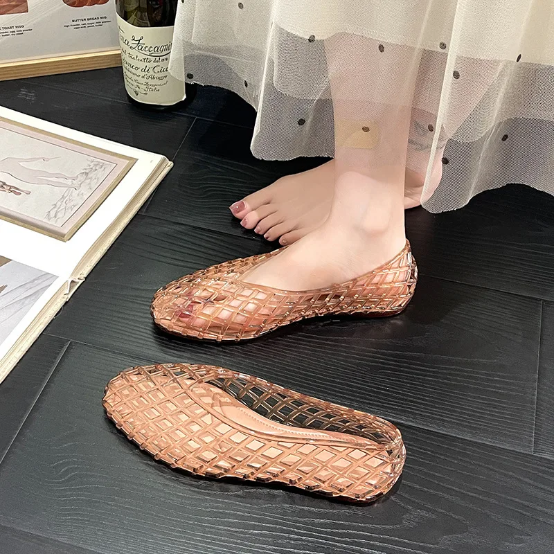 Crystal Shoes 2026 New Sandals Women's Flat Bottom Transparent Half Tow External Jelly Shoes Soft Bottom Baotou Tow