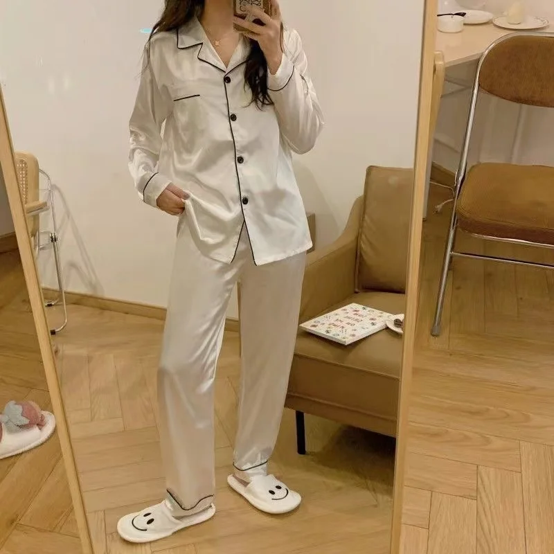 

Ice Silk Pajamas Ladie Long-sleeved Thin Korean Version of The Casual Large Size Homewear Two-piece Set Spring Summer Homewear