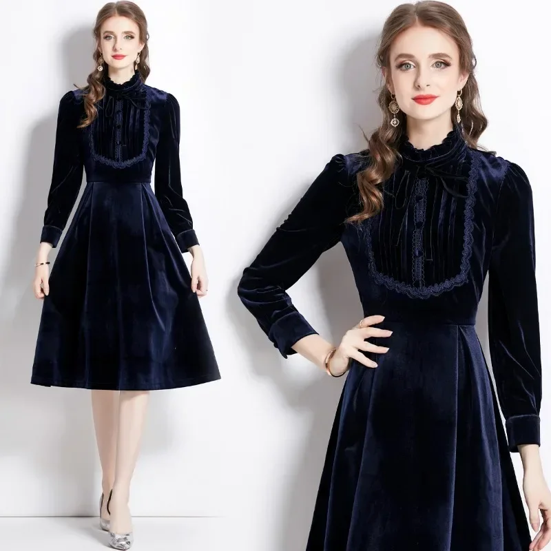 Royal Blue Stand Collar Commuter Long Sleeve Canary Slimming MIDI Dress Long Dresses for Women