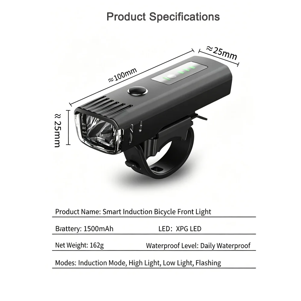 New Smart Mountain Bike Headlight USB Rechargeable Road/MTB Light, Intelligent Front Lamp, 800 Lumens, Ultra-Long Battery Life