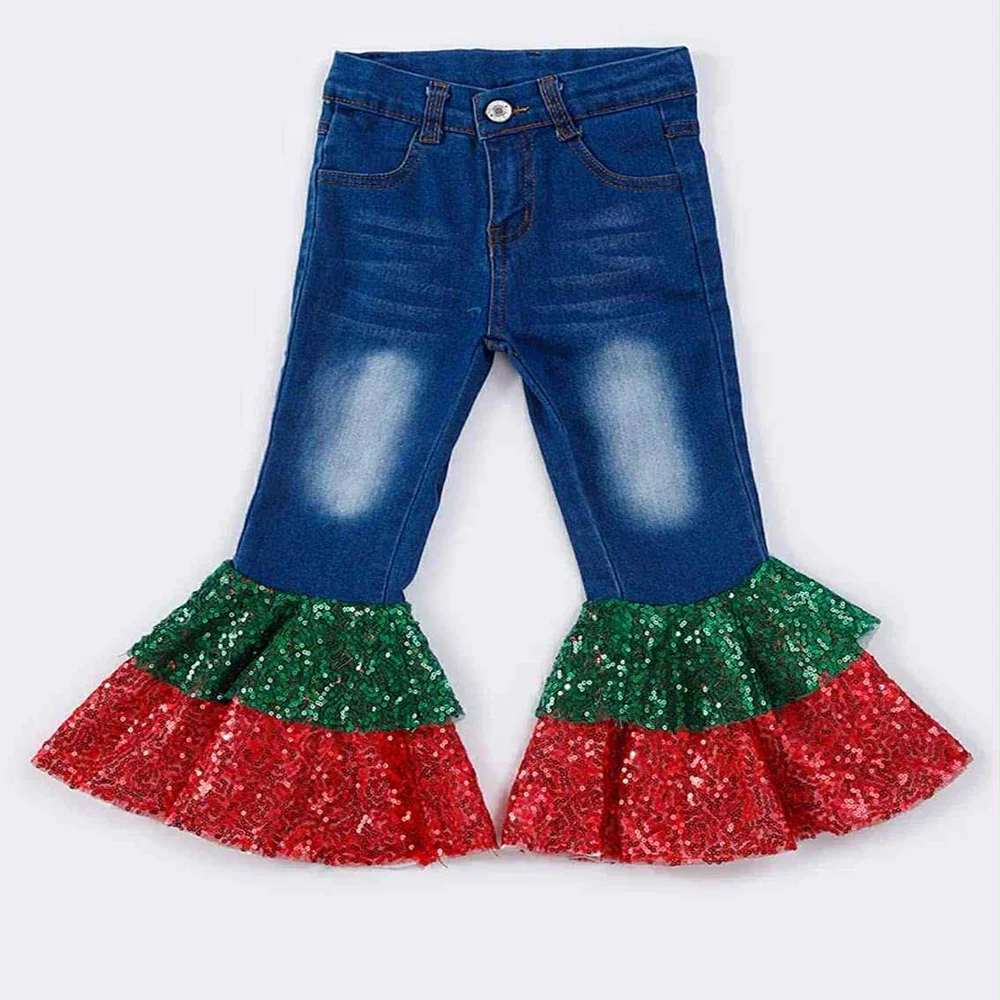 

Baby Girls Christmas Sequin Bell Bottom Denim Pants Green Red Shiny Festive Trousers for Infants