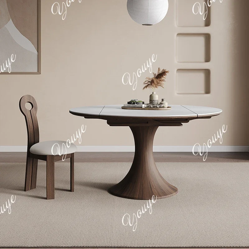 N45 French medieval style solid wood telescopic round dining table pure white slate simple home small apartment