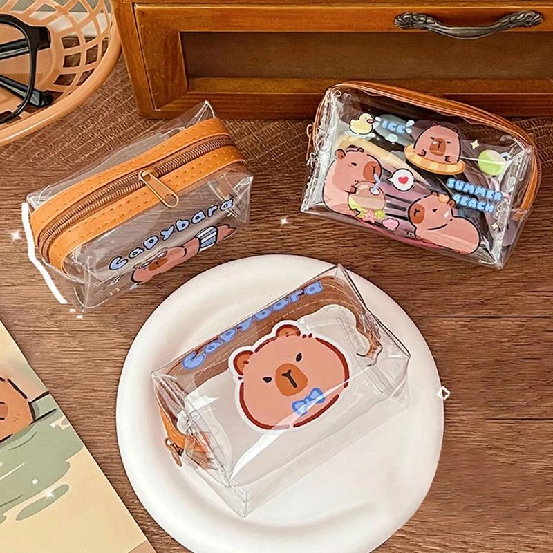 Bolsa de almacenamiento de monedas de Capybara, monederos transparentes con diseño de dibujos animados, billetera encantadora de PVC, bolsa transparente impermeable, bolsas cortas con cremallera