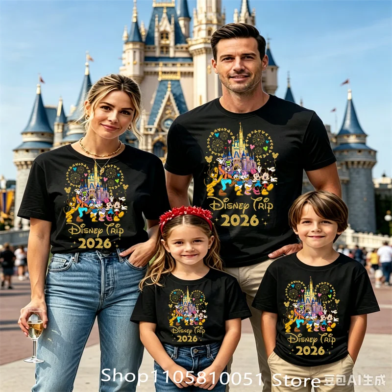2026 Disney Castle Mickey Ear Print T‑Shirt Family Matching Short Sleeve Tops Casual Holiday Trip Tees Women Men Summer