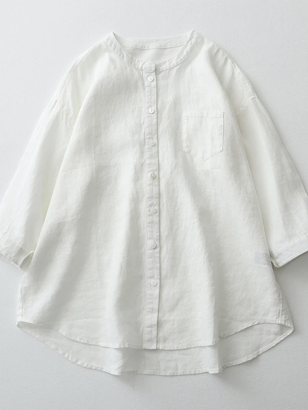 Csa de Lino y Aodón Hoada para Mujer, Protección Solar de Verano, Media Manga, Cuello Redondo, Color Puro, Estilo Casu...