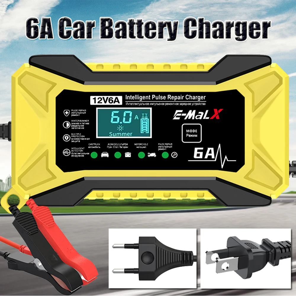 

Умное автомобильное зарядное устройство 12 В 6 А, интеллектуальный импульсный ремонт, 14,6 В, 6 А для LiFePO4, свинцово-кислотных аккумуляторов AGM GEL EFB, зарядка литиевой батареи