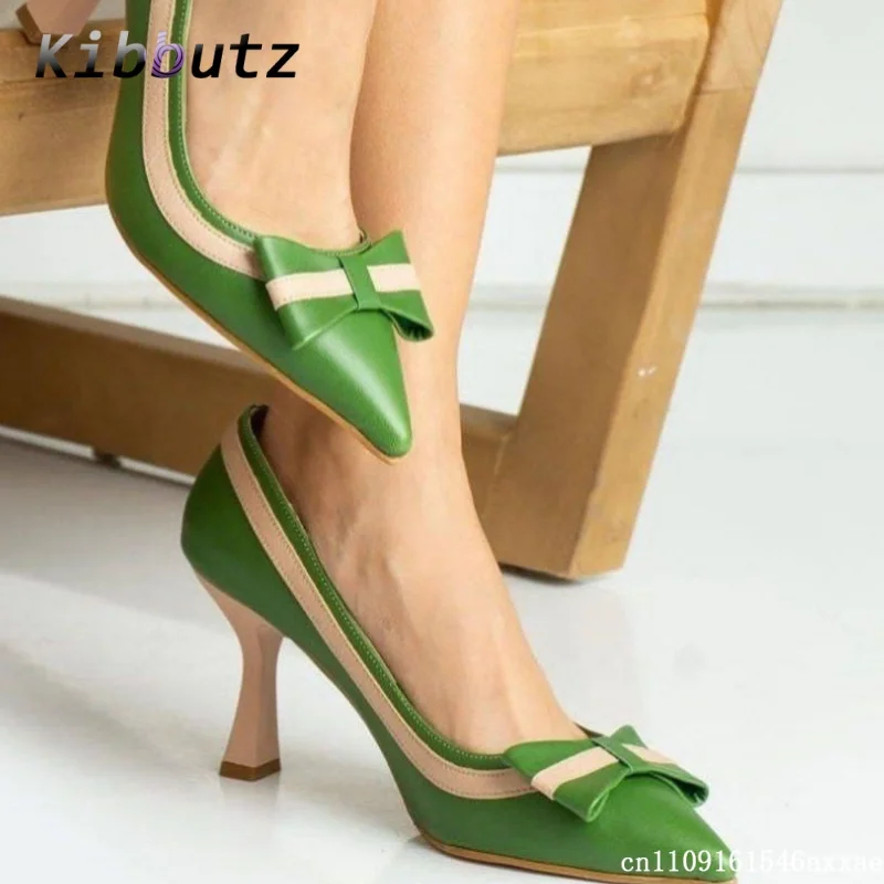 Pointed Toe Color Contrast Bow Decor Pumps Women Fashion Flared Heels New Arrival Daily Wedding Club Stylish Evening Dress Shoes