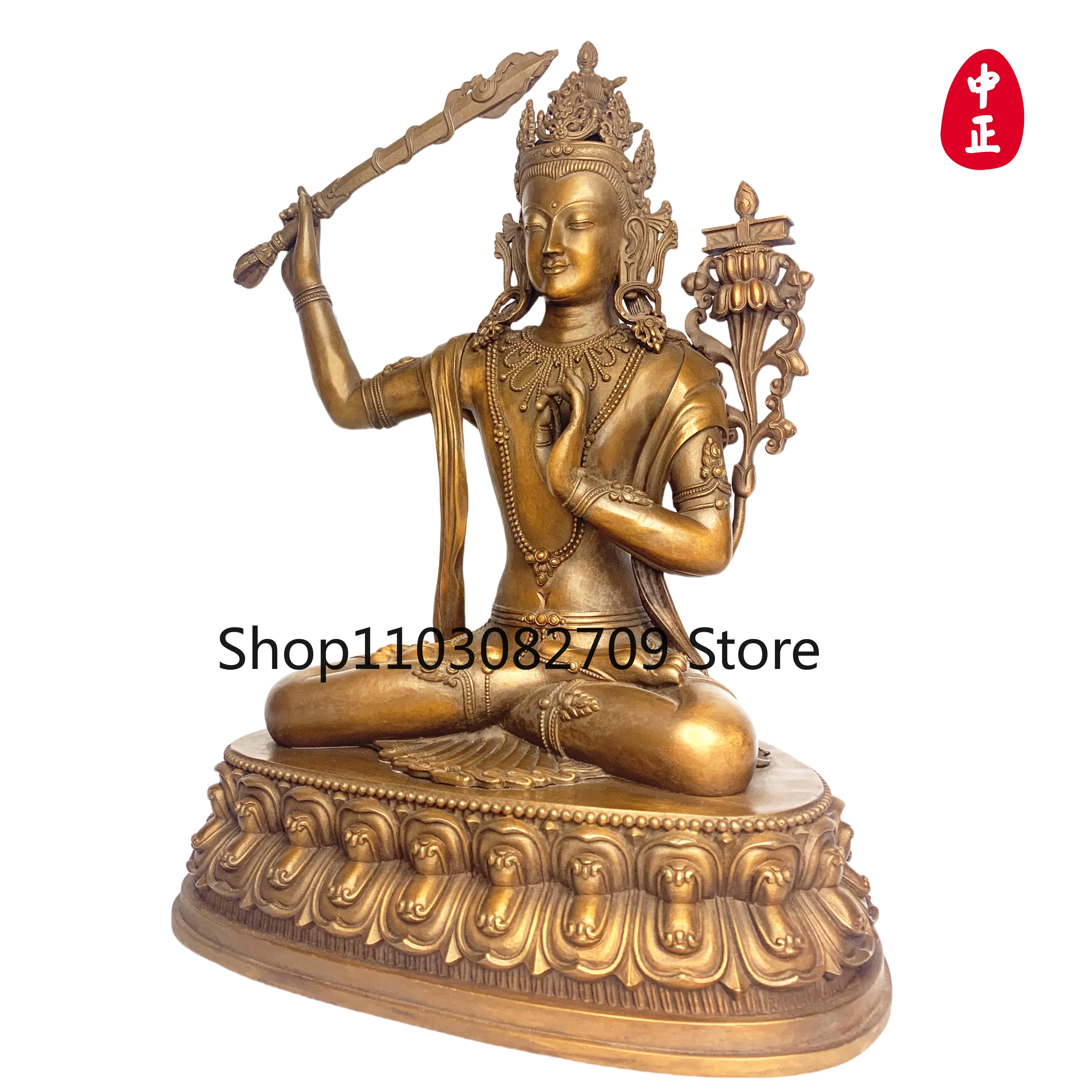 Zhongzheng Statue Intangible Cultural Heritage Workshop Holding Sword Manjushri Gold, Silver and Copper Material Support Customi