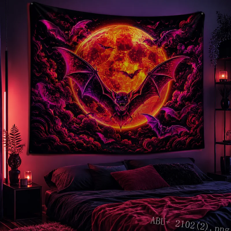 VIKAMA Neon Bat Halloween Tapestry Blood Full Moon Purple Cloud Spooky Night Wall Hanging Teen Bedroom Dorm Party Decor Cloth