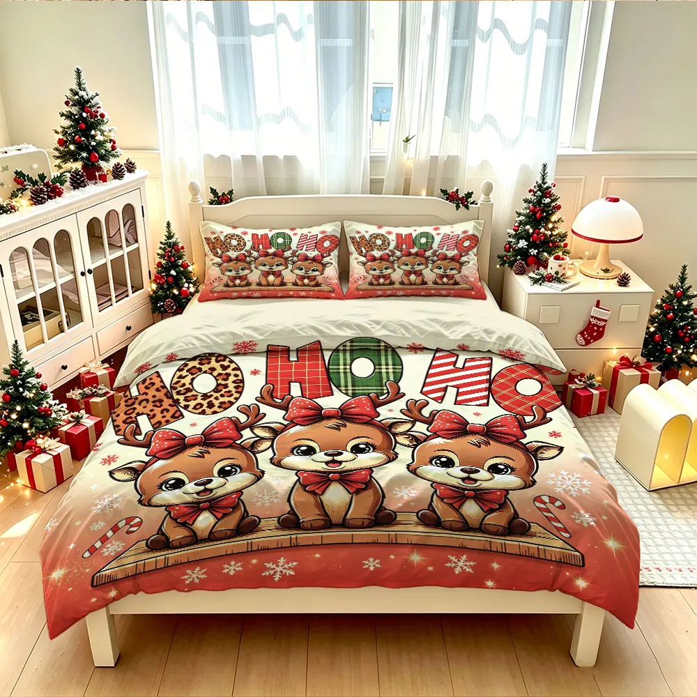 3pcs Merry Christmas Deer Print Chipless 1 Duvet Cover 2 Pillowcases Comfort Bedding Bedding Bedding Machine Washable Decoration