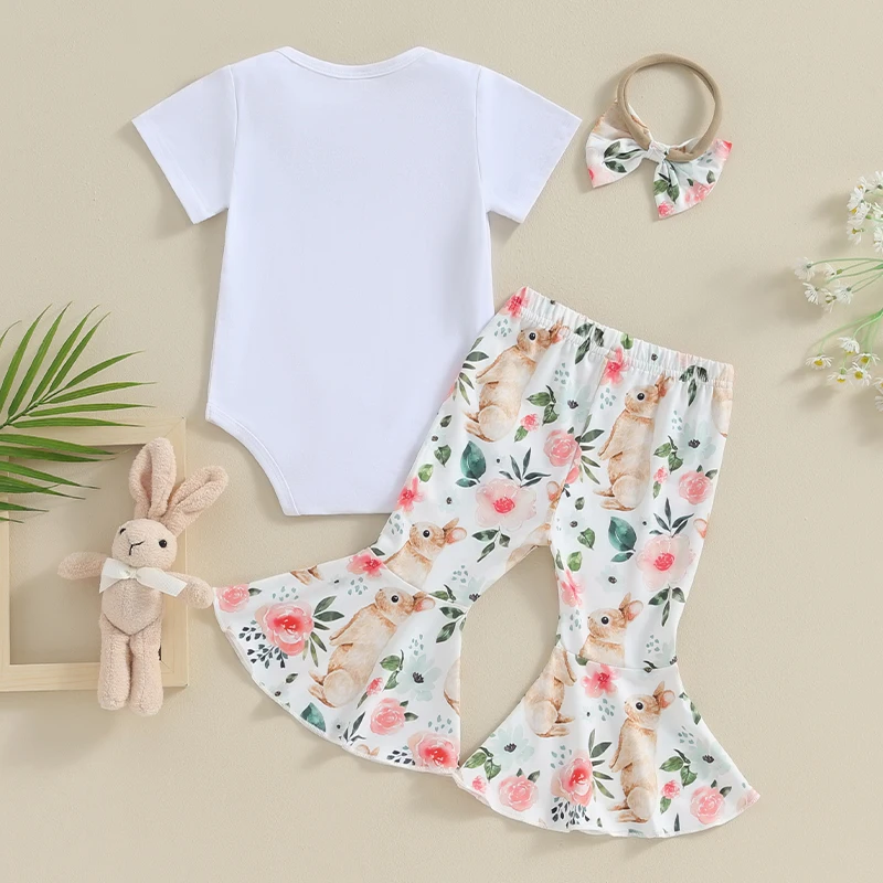 

Newborn Baby Girl Easter Outfit Short Sleeve Little Bunny Romper Rabbit Flared Pants Headband Set 0-18M