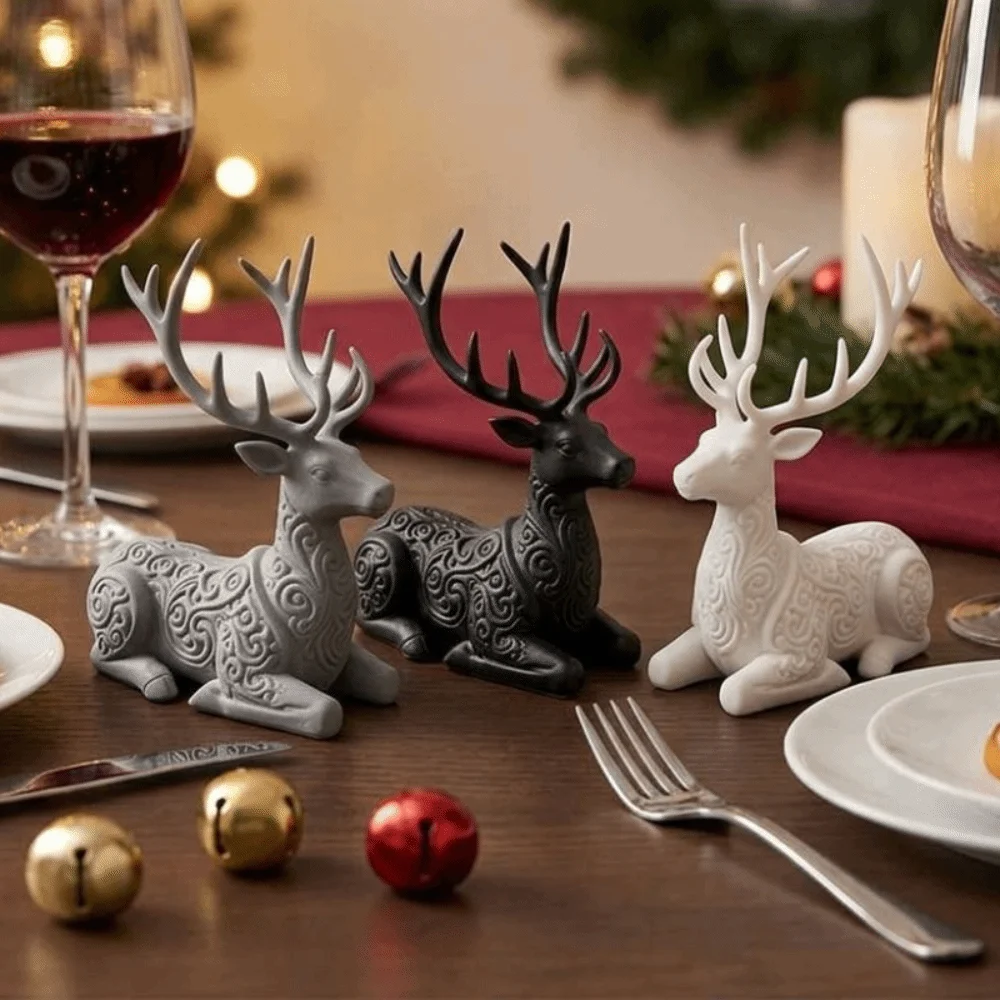 3D Printed Christmas Sitting Deer Statue Vintage Swirl Lying-Posture Xmas Reindeer Sculpture Simple Realistic