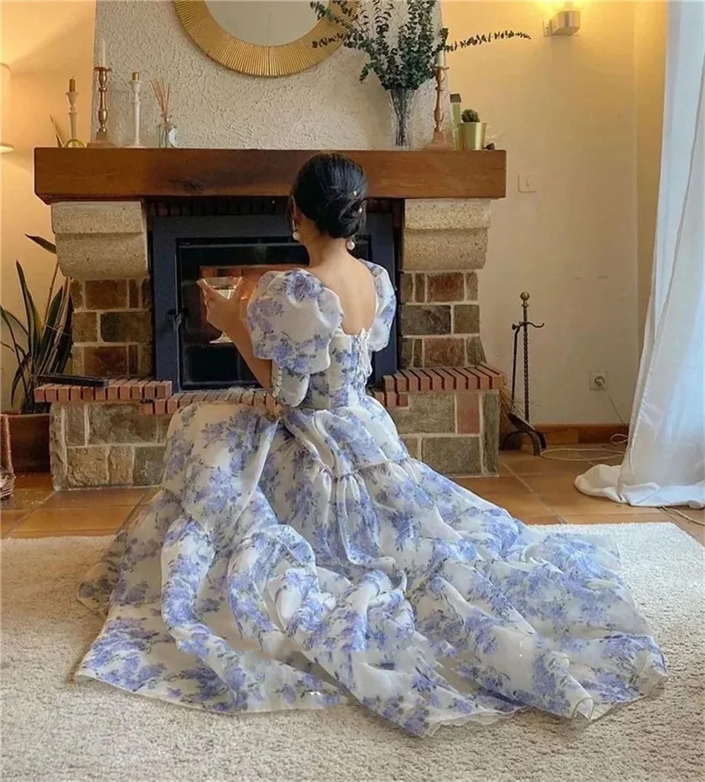 Bella Blue Floral Print Organza Prom Dresses A-line Floor-length Wedding Dress Heart Shaped Neck Lace-up Back Vestidos De Fiesta